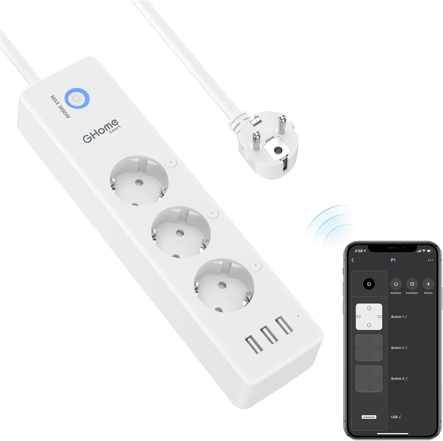 GHome Smart WiFi Power Strip 3 Sockets 3 USB Alexa